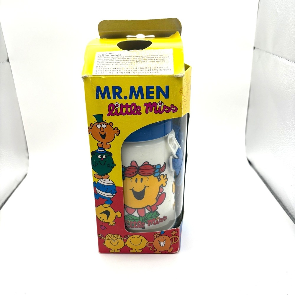 Mr. Men Little Miss Pop Up Thermos 370ml Water Bottle Strap Blue White